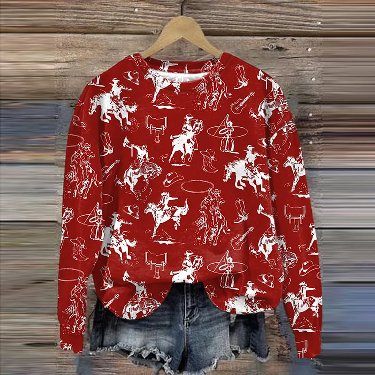 Comstylish Western Retro Horse Print Casual Sweatshirt