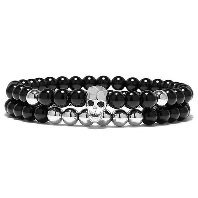 Stone Bead Skull Double Bracelet