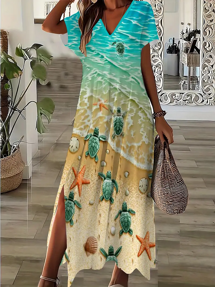 Plus Size Turtle & Starfish Print Slit Dress