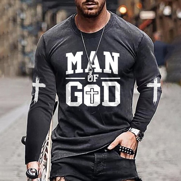 BrosWear Men'S MAN OF GOD Print Long Sleeve T Shirt