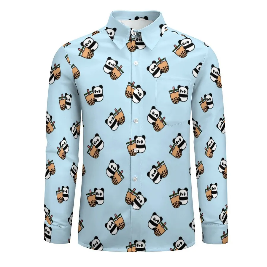 panda dress shirt Cute Bubble Tea Panda Bear Men's Casual Long Sleeve Button Down Pocket Shirt