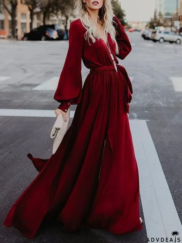 V-neck Long Sleeves Belted Maxi Dress