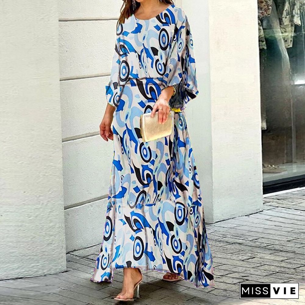 Summer New Loose Printed Maxi Dress Long-sleeved Top High-waisted Half-length Dress Suit Vestidos De Mujer