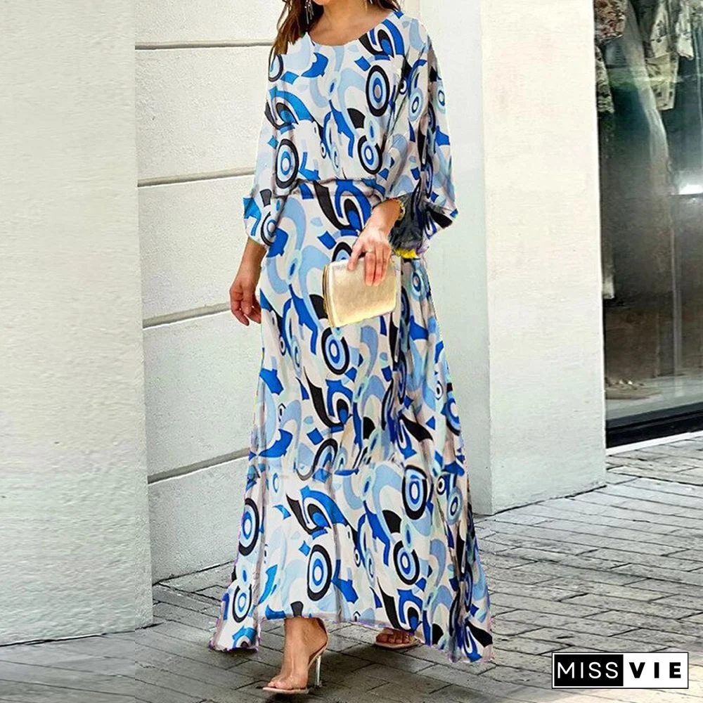 Summer New Loose Printed Maxi Dress Long-sleeved Top High-waisted Half-length Dress Suit Vestidos De Mujer