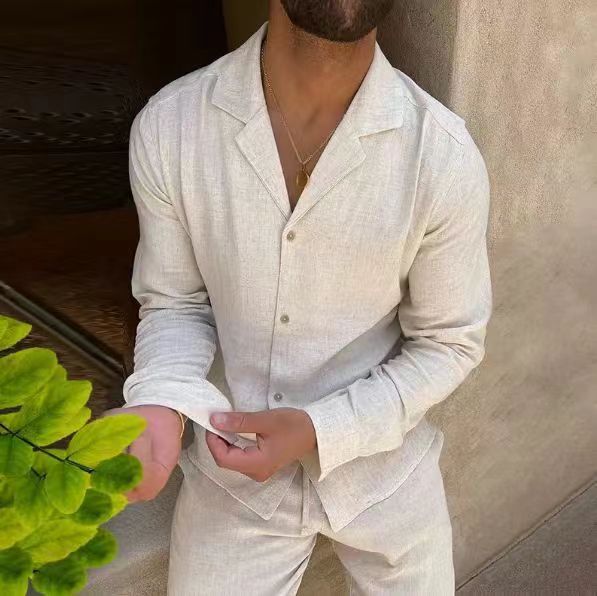 Mature Men Casual Long-sleeved Suits Fashion Lapel Single-breasted Shirt Top And Slim-fit Trousers