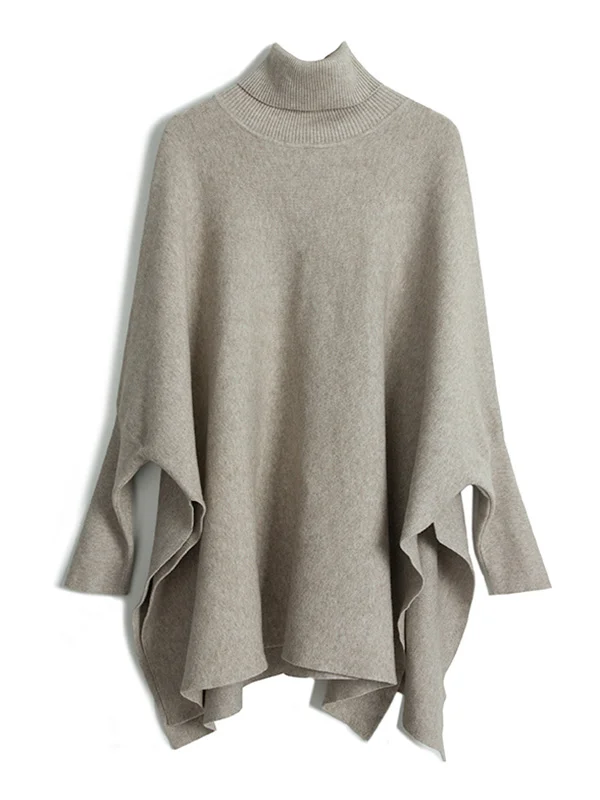 Minimalist Roomy Pure Color High-Neck Batwing Sleeves Sweater