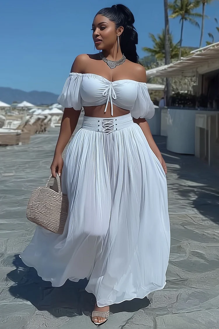 Off Shoulder Top Flowy Maxi Skirt Chiffon Vacay 2pcs Set-White [Pre Order]