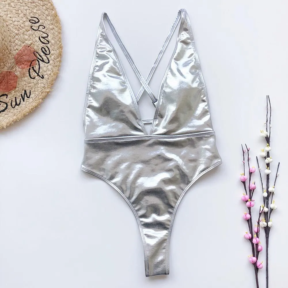 Sexy Deep V Pu Faux Leather High Leg Cut Monokini Women Swimwear One Piece Swimsuit Female Bather Bathing Suit Swim Lady