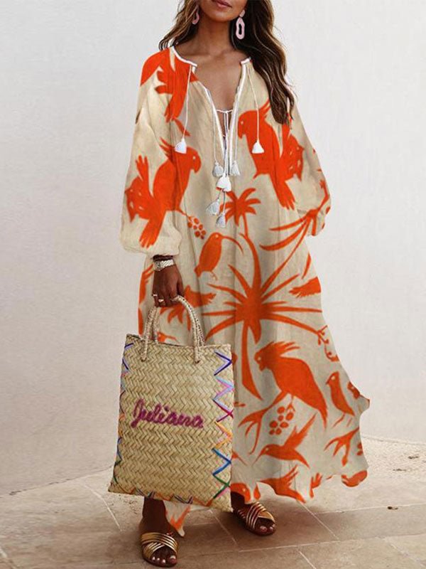Deep v-neck women puff sleeve pattern long leisure dress