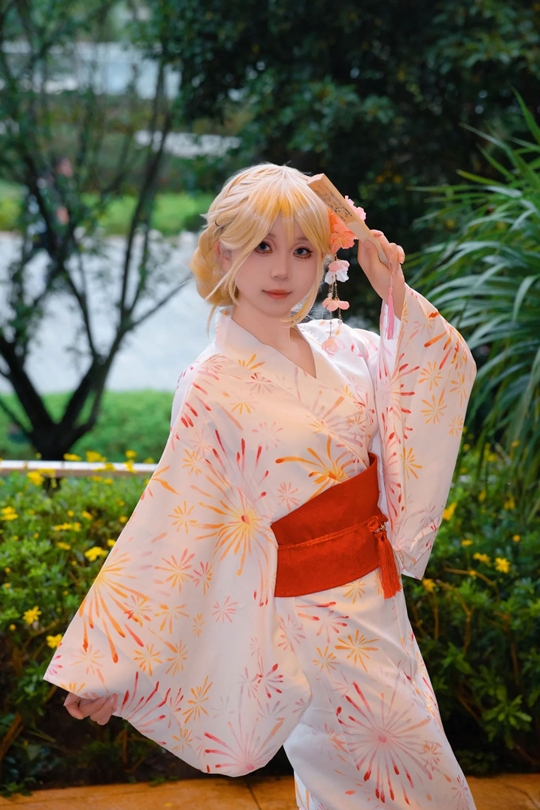 Yukata Kimono Yellow Fireworks Robe with Divine Girl Festival Style - はなびたいかい Stupa Stones