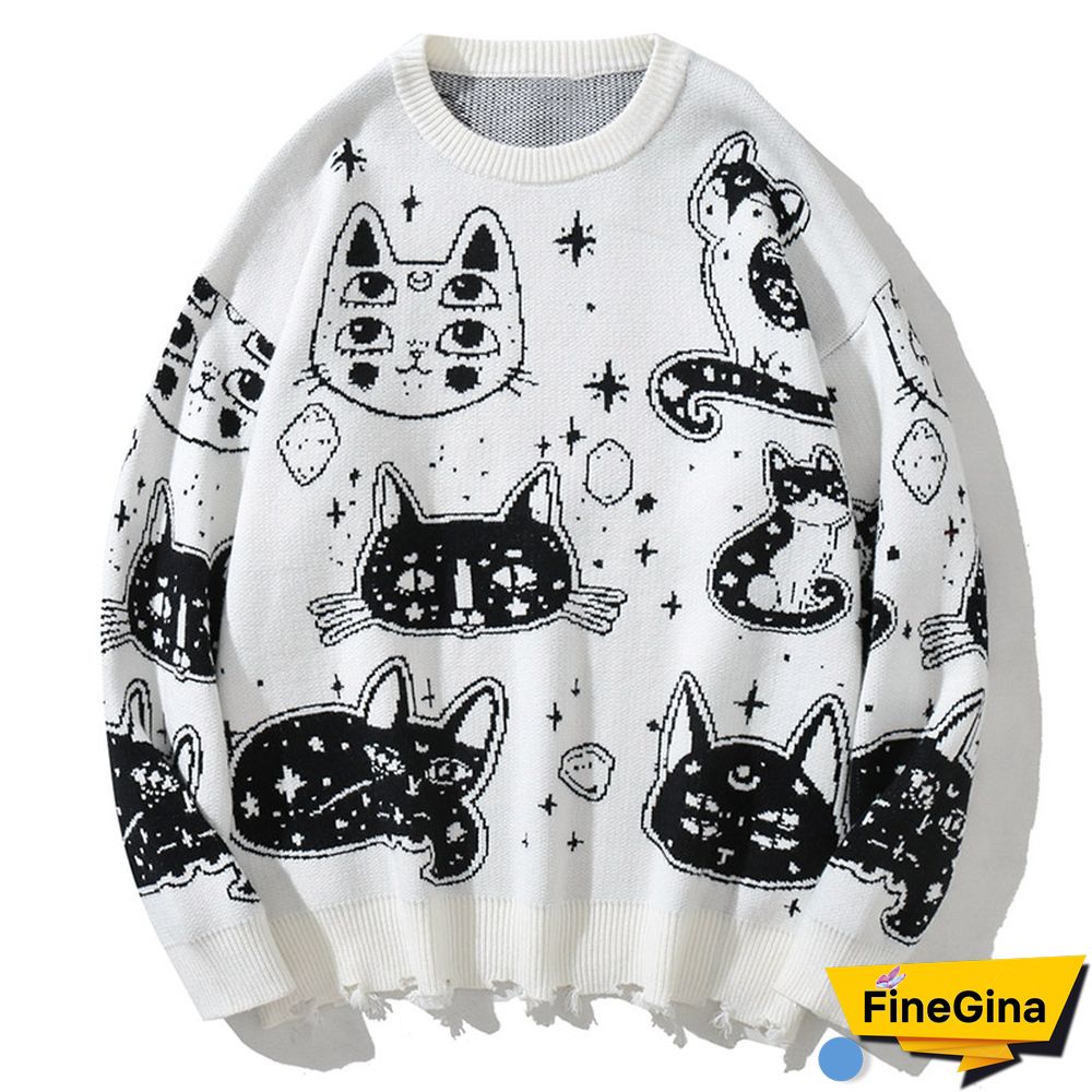 Cartoon Cat Print Loose Sweater