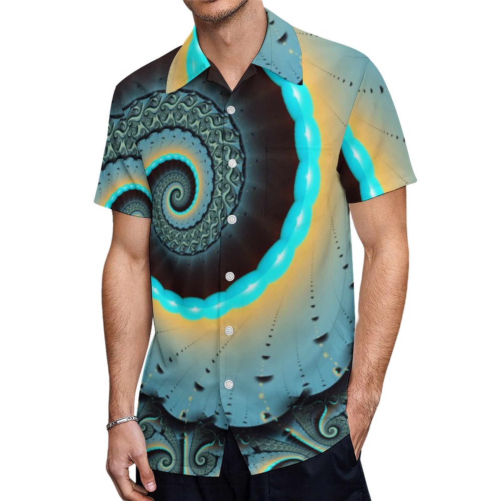 Abstract Blue Turquoise Orange Fractal Art Spiral Hawaiian Shirt Mens Button Down Tropical Hawaii Beach Shirts