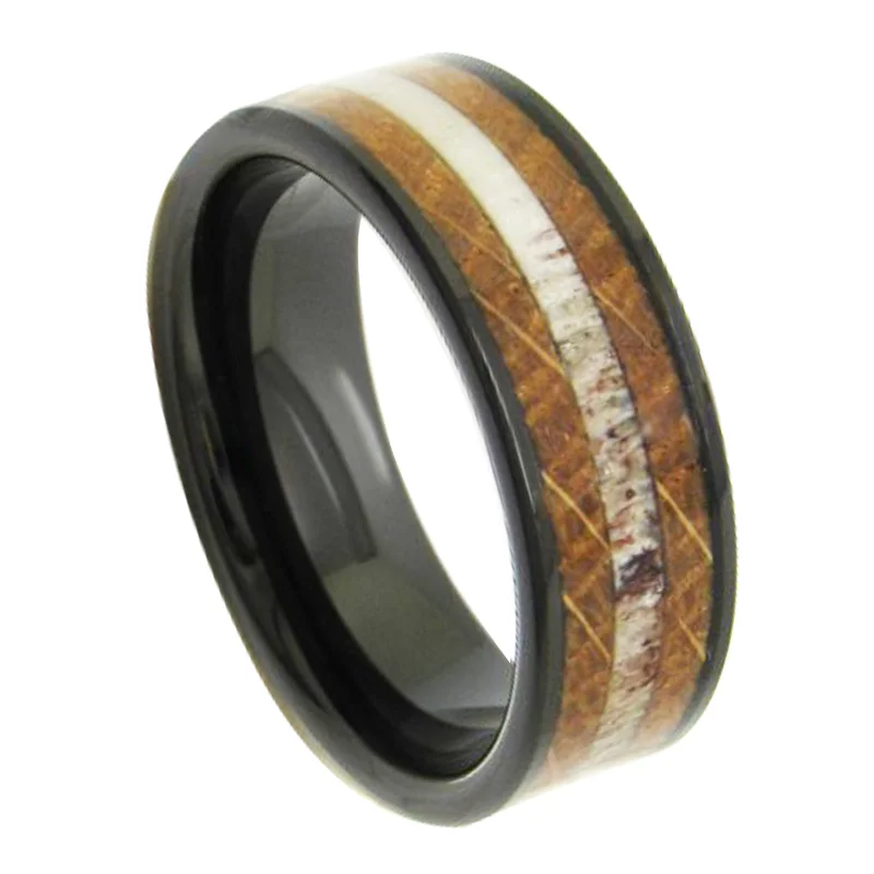 Flat Retro Black Sides Tungsten Carbide Rings With Wood Paneling And Antler In The Middle Womens Or Mens Wedding Bands