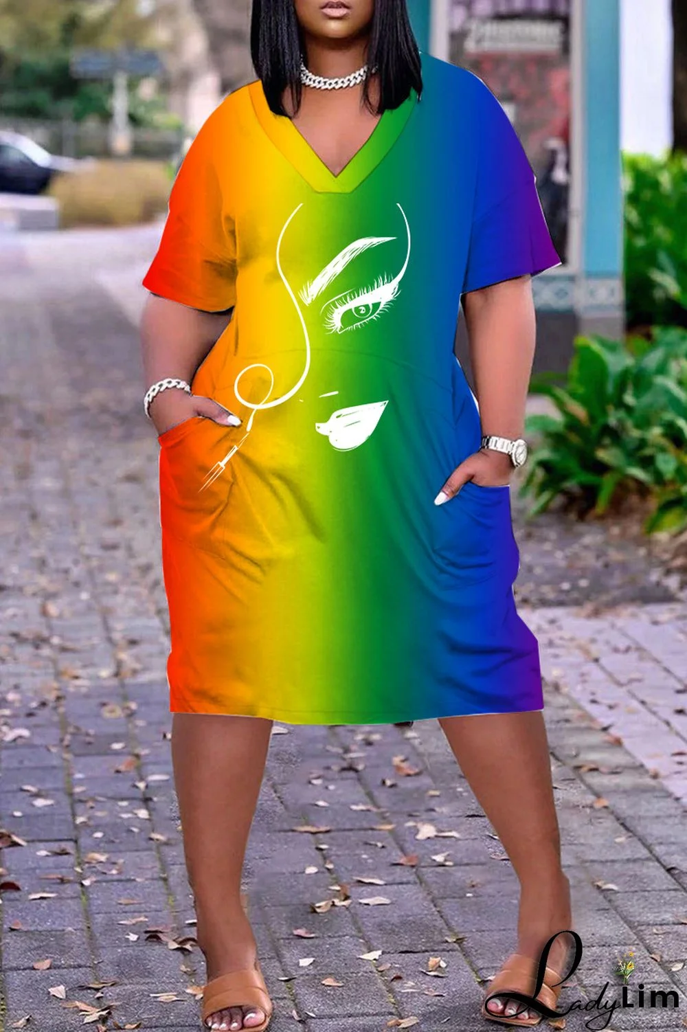 Sky Blue Casual Print Basic V Neck Short Sleeve Dress