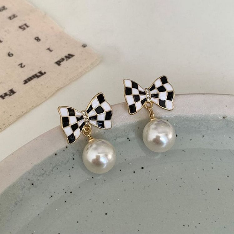 Black And White Checkerboard Pearl S925 Silver Earrings