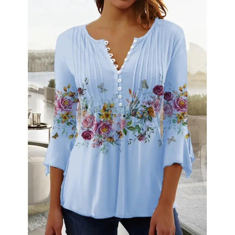 Uveng Wear Floral Printed V-neck Sleeve Pleated Blouses