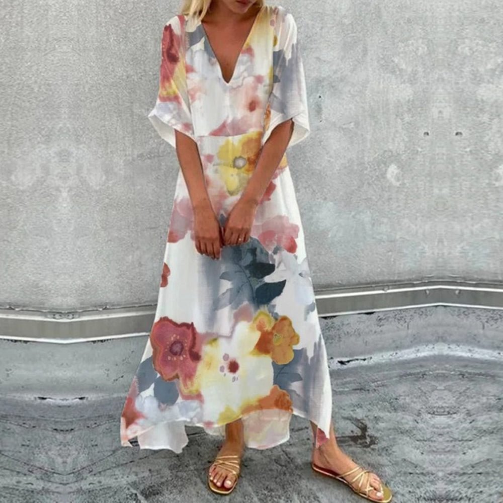 Vacay Watercolor Print Uneven Hem White Maxi Dress