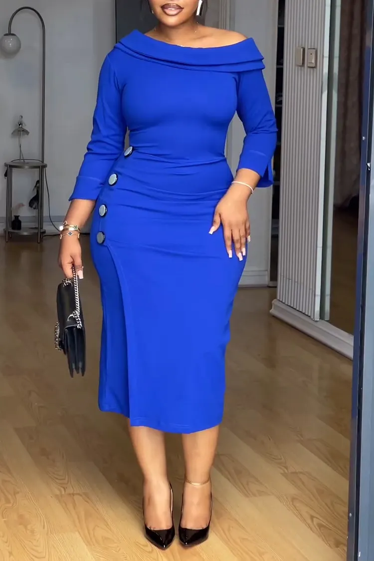 Women's Elegant One Shoulder Button Trim Dress