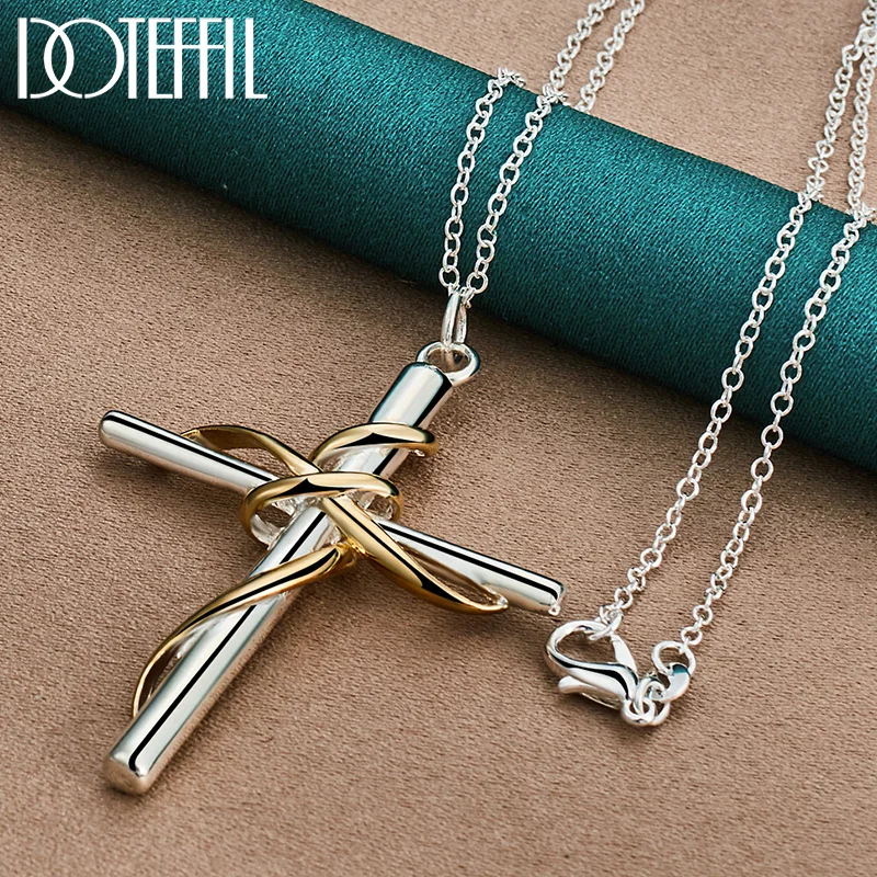 DOTEFFIL 925 Sterling Silver Gold Cross Pendant Necklace 18-30 Inch Chain For Woman Man Jewelry