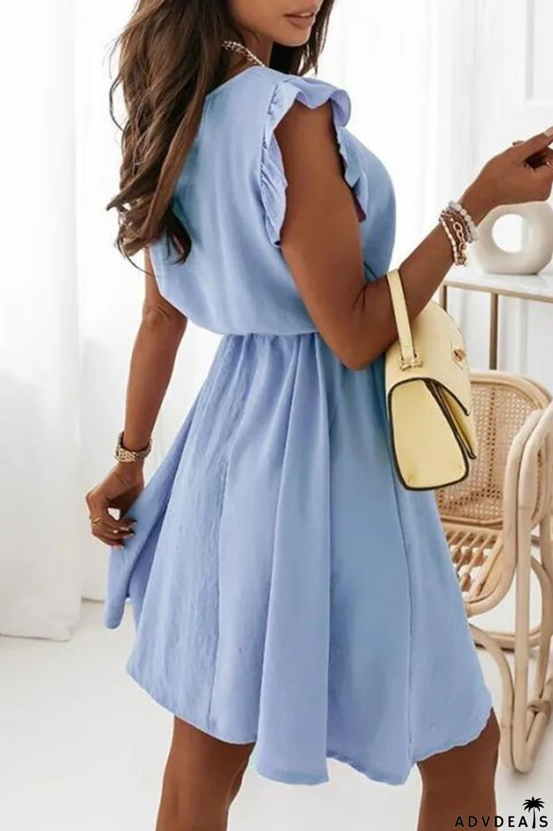 Fashion Elegant Solid Flounce With Belt O Neck A Line Dresses