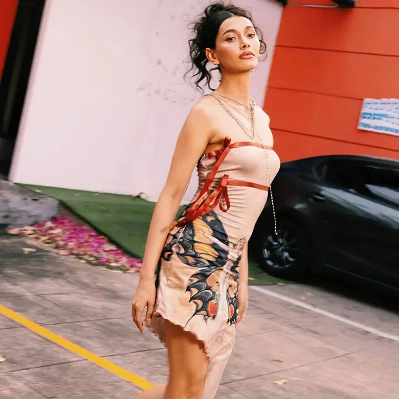 Fashion Butterfly Print Sexy Strapless Mini Dress