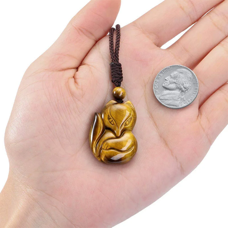 Natural Black Obsidian Tiger Eye Ice Obsidian Fox Pendant Amulet Necklace