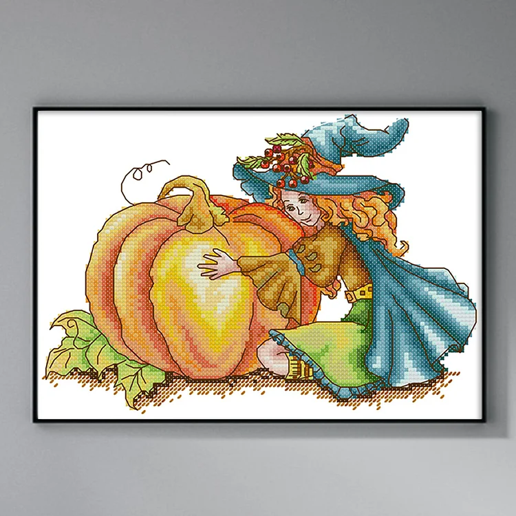 14CT Joy Sunday Stamped Cross Stitch - Witch and Pumpkin (27*19cm