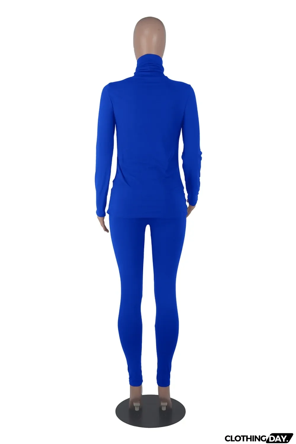 Autumn Casual Blue Turtleneck Shirt and Pants Matching Set