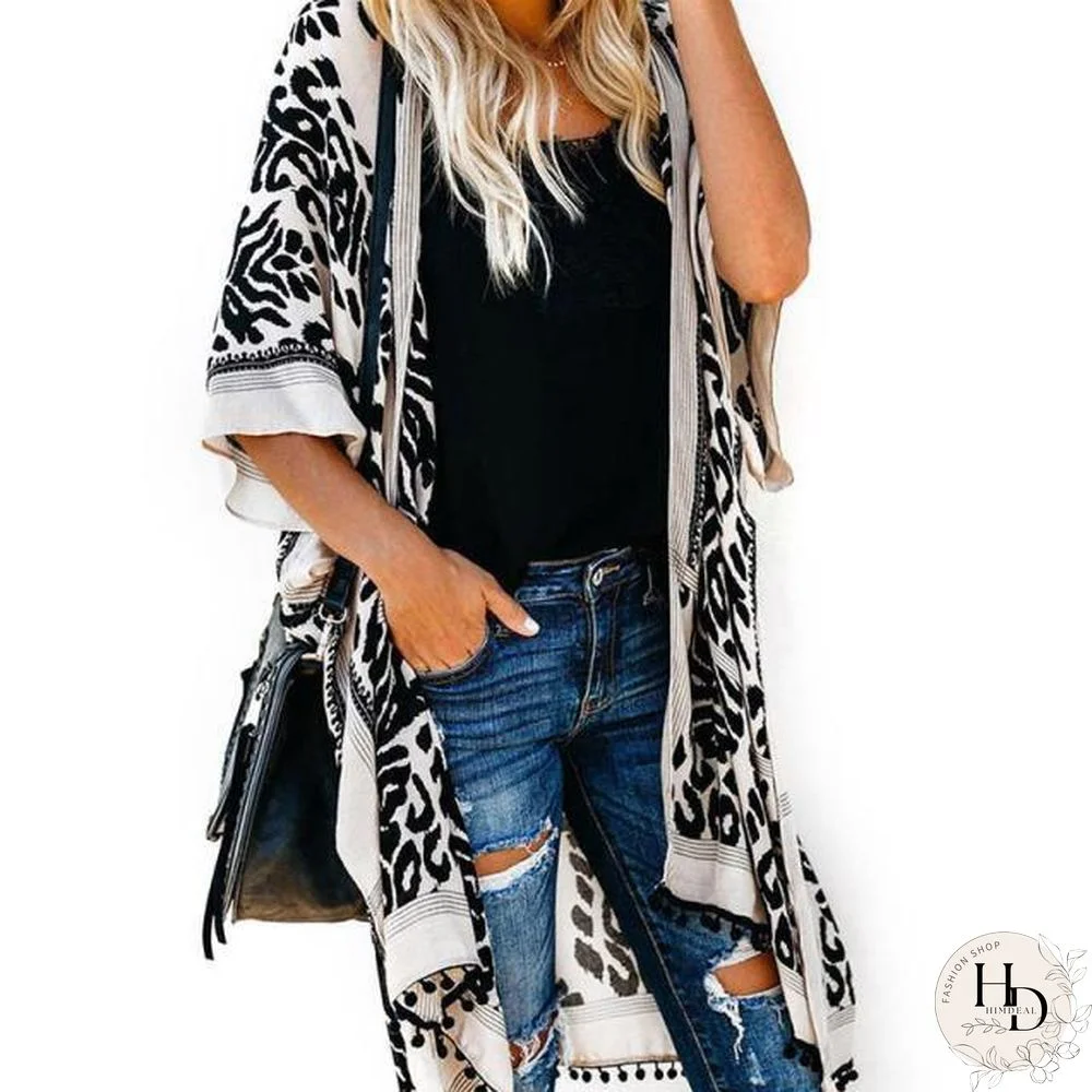 Womens Boho Printed Kimono Beach Cover Up Fashionable Summer Open Front Loose Cardigan Top With Tassel Thin Jumper Tops Holiday