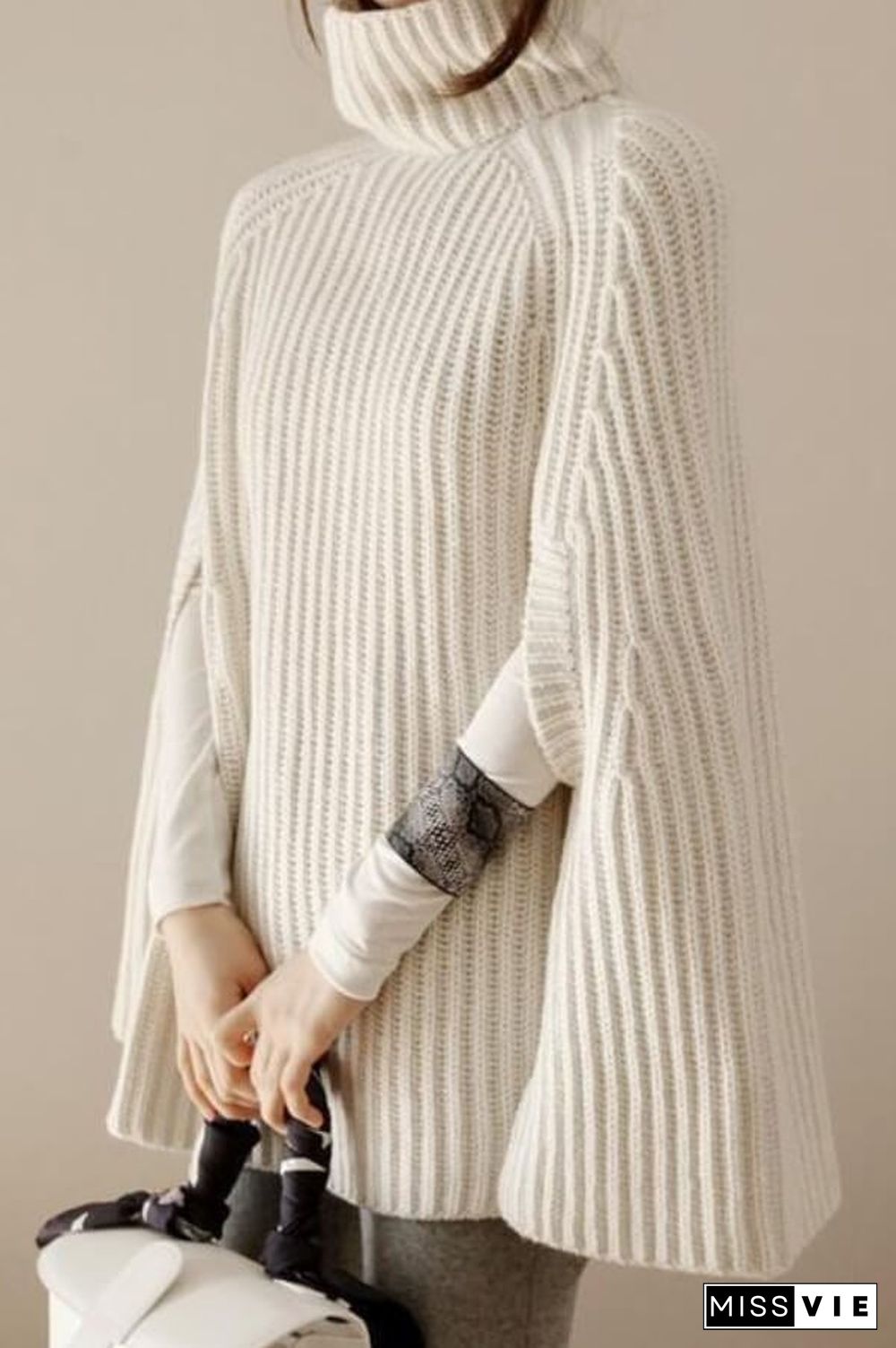 Fashion Turtleneck Solid Color Cape Sweater