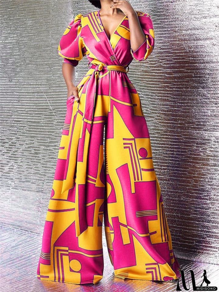 MidiSono - Loose Fit Wrap V Neck Short Sleeve Waist Tie Fastening Wide-Leg Full-Length Jumpsuit