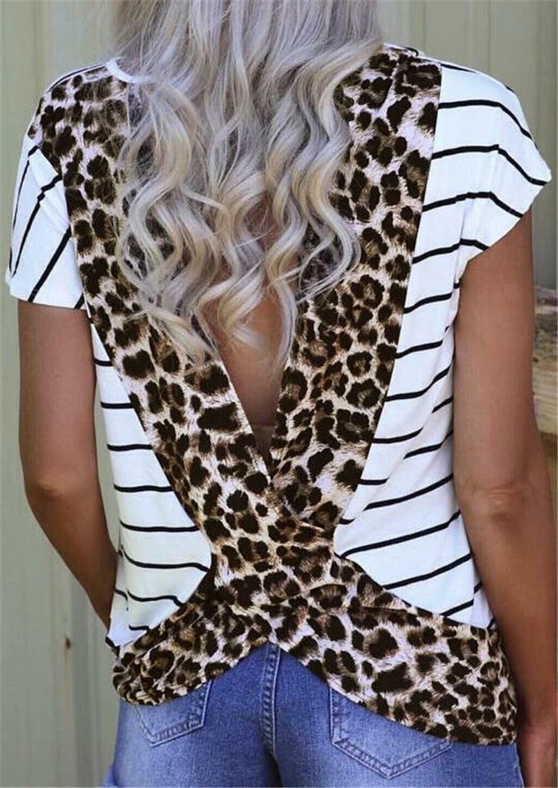 Women Tees T-shirt Female Leopard Printed Open Back T-shirt New Stylish Tops tee shirt femme Plus Size | EGEMISS