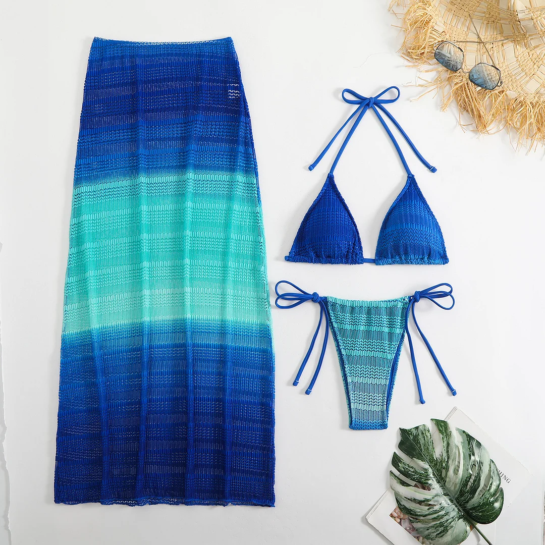 Uveng 2025 New Gradient Mesh Three-Piece Beach Dress Sexy Bikini