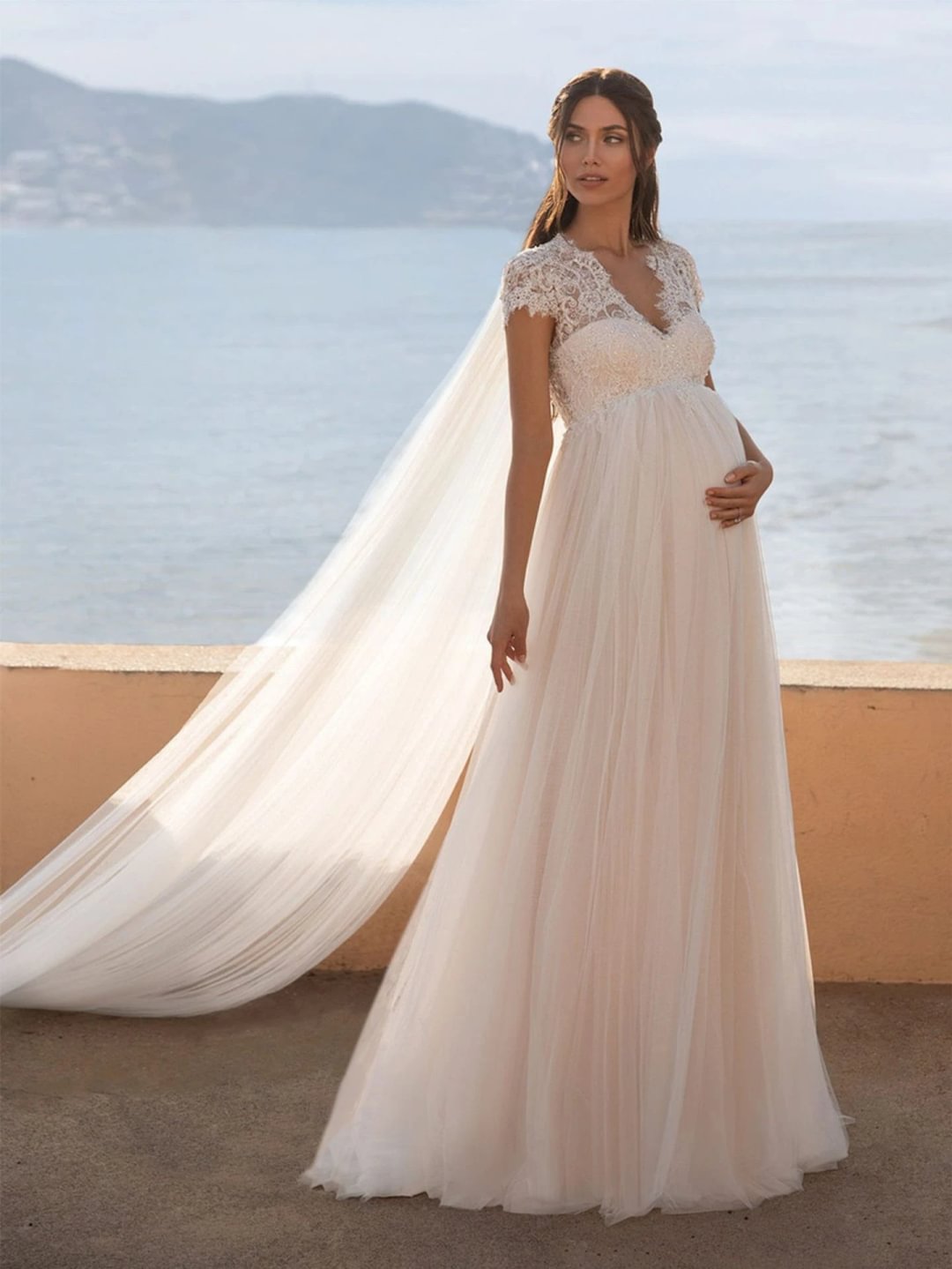 V-neck short-sleeved wedding dress (veil not included)-zachics