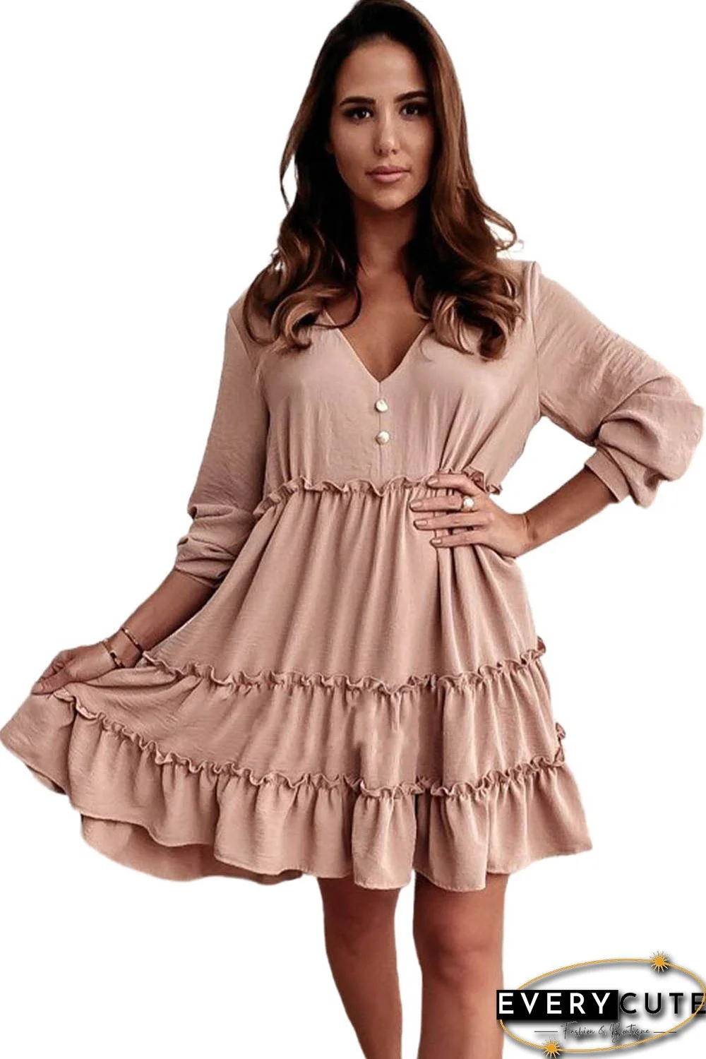 Pink V Neck Frilled Tiered Flowy Mini Dress