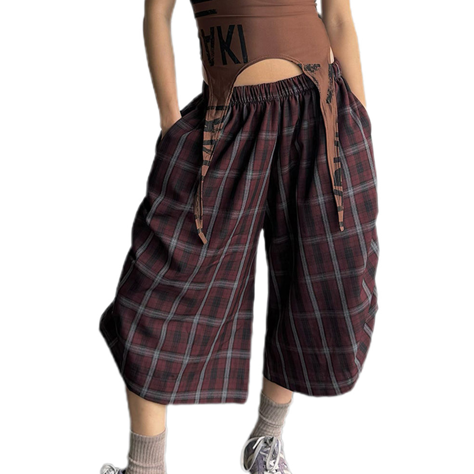 Verbsign Women Casual Loose Cargo Shorts Summer Knee Length Retro Plaid Print Elastic Waist Short Pants for Streetwear Dailywear Punk Y2K