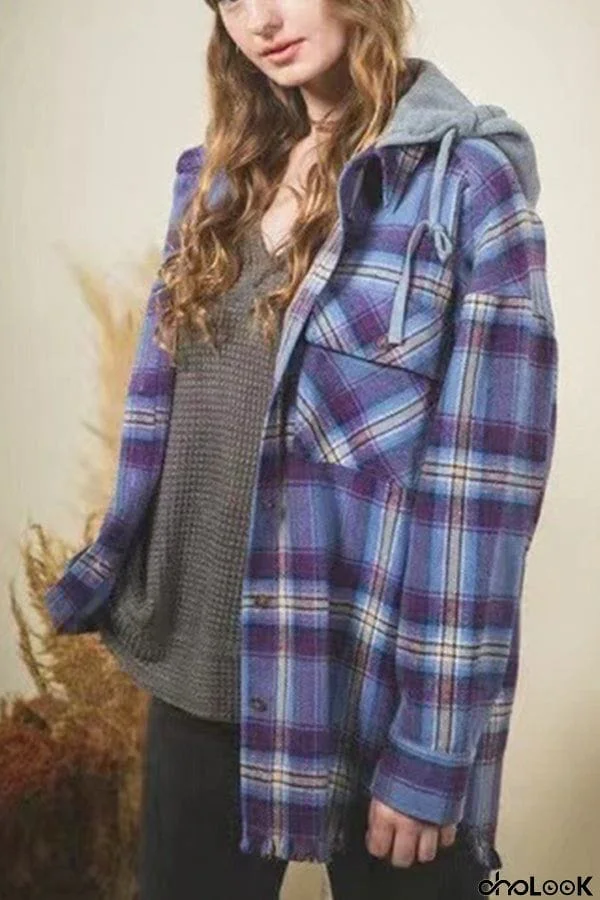 Stylish Hooded Plaid Shirt Frayed Coat