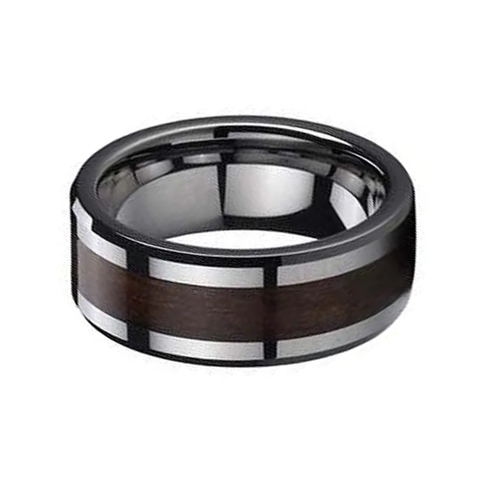 8MM Wood Inlay Flat Tungsten Carbide Ring Polished Finish Men Wedding Band