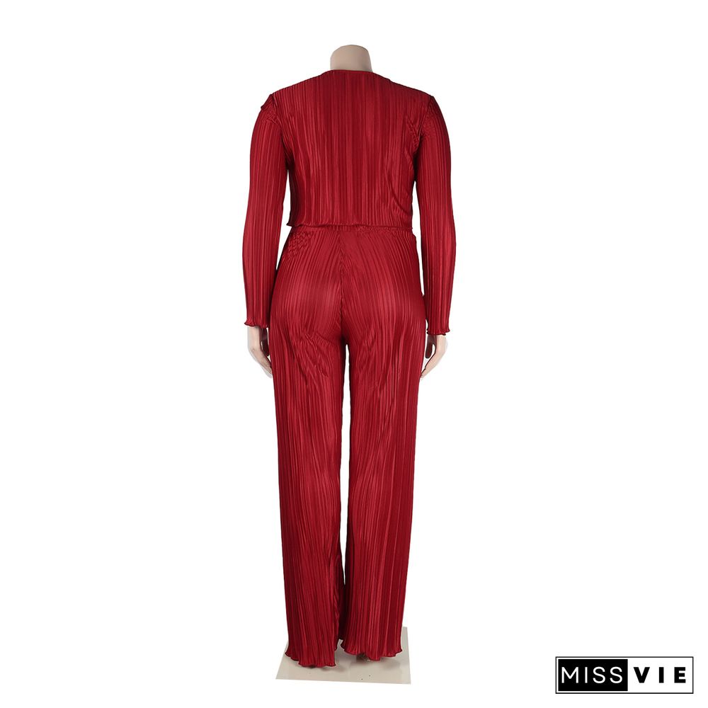 Pleated Loose Blouse Crop Top Wide Leg Pants Outfits