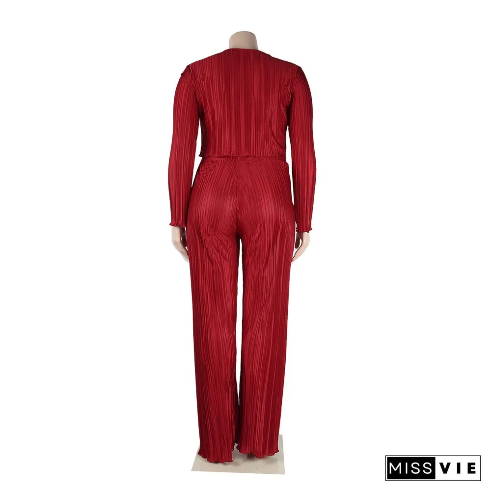 Pleated Loose Blouse Crop Top Wide Leg Pants Outfits