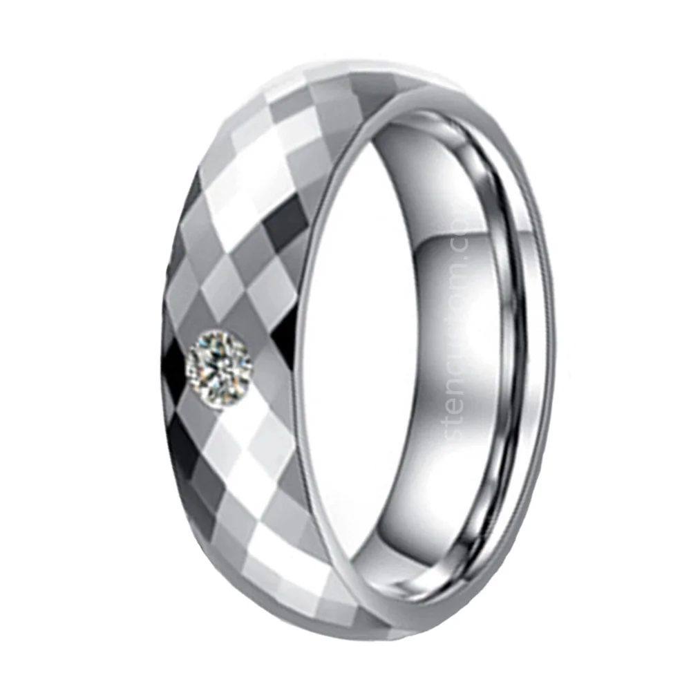 6MM 8MM Silver Tone Multi Faceted Couples Tungsten Wedding Rings With Cubic Zirconia