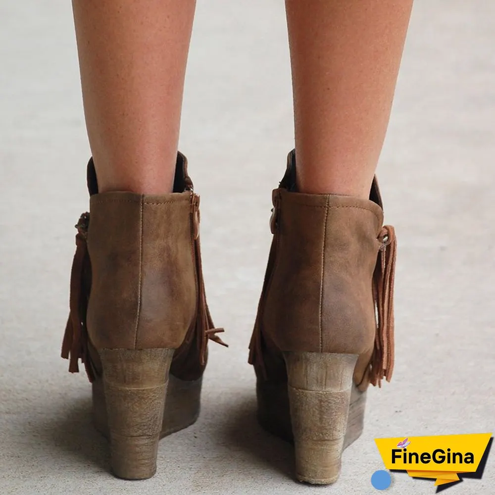 Wedge Booties Artificial Leather Tassel Boots Wedge Heel Zipper Shoes