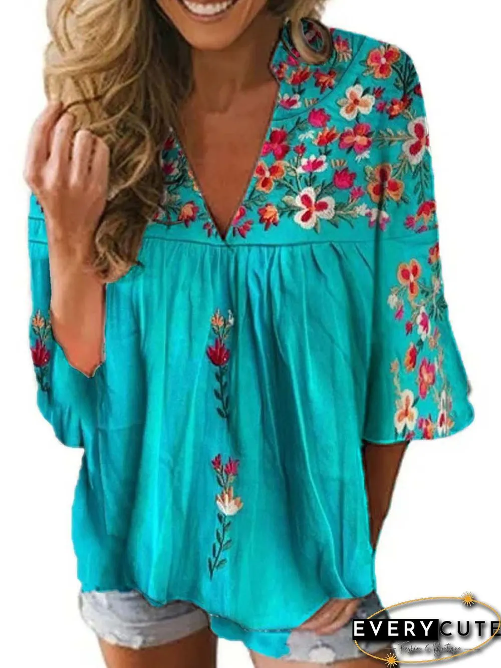 Half Sleeve V Neck Boho Shirts & Tops