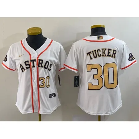 Women's Houston Astros #30 Kyle Tucker White 2023 Gold Collection With World Serise Champions Patch Stitched Jersey(Run Small) 2V94