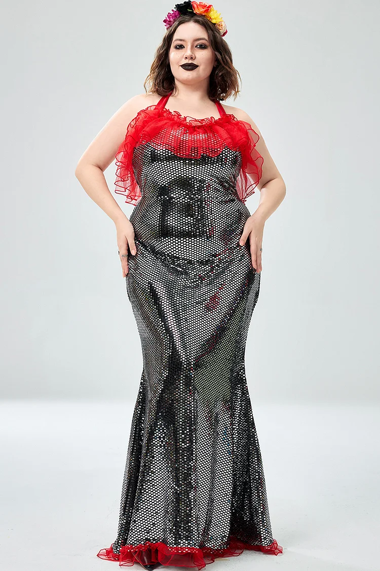 Plus Size Mermaid Gothic Halloween Costume Black Overlay Ruffle Sequin Maxi Dress