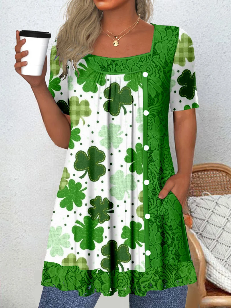 Women's Short Sleeve Scoop Neck Graphic Lace St. Patrick's Day Tops