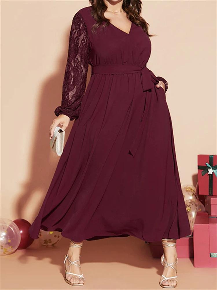 Solid Wrap Pocket Lantern Sleeve Lace Belted Maxi Dress