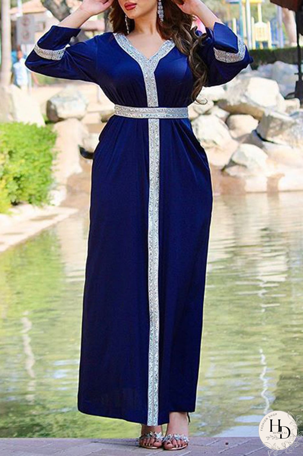 Royal Blue Casual Solid Patchwork Hot Drill V Neck Straight Dresses