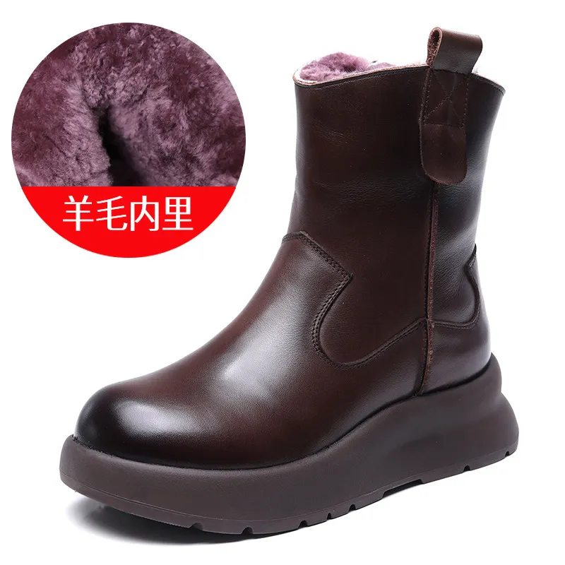 Yyvonne Cow Skin Retro Thick-Bottomed Boots Children Winter New Wool Short Boots Warm And Velvet Snow Boots