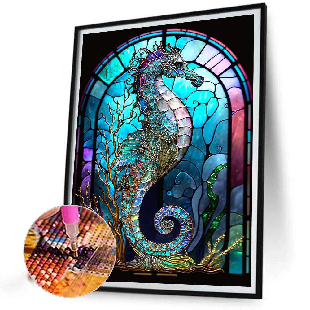 Diamond Painting - Full Round Drill - Stained Glass Hippocampus(30*40cm)